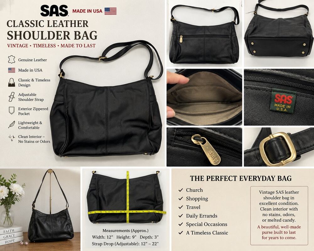 SAS Black Leather Shoulder Bag Made USA Adjustable Strap Classic Purse Handbag